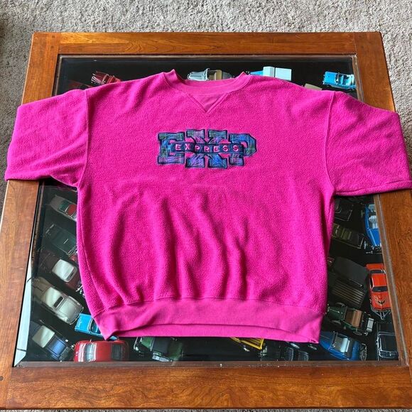 Express Hot Pink Plaid Logo Vintage Oversized Crewneck Sweatshirt - Picture 3 of 7
